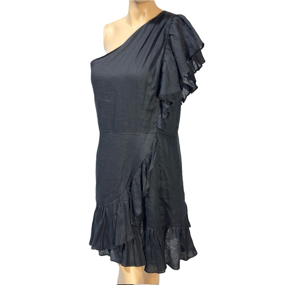 Banana Republic Womens Black Linen Dress Ruffle One Shoulder Size 18 NWT NO BELT